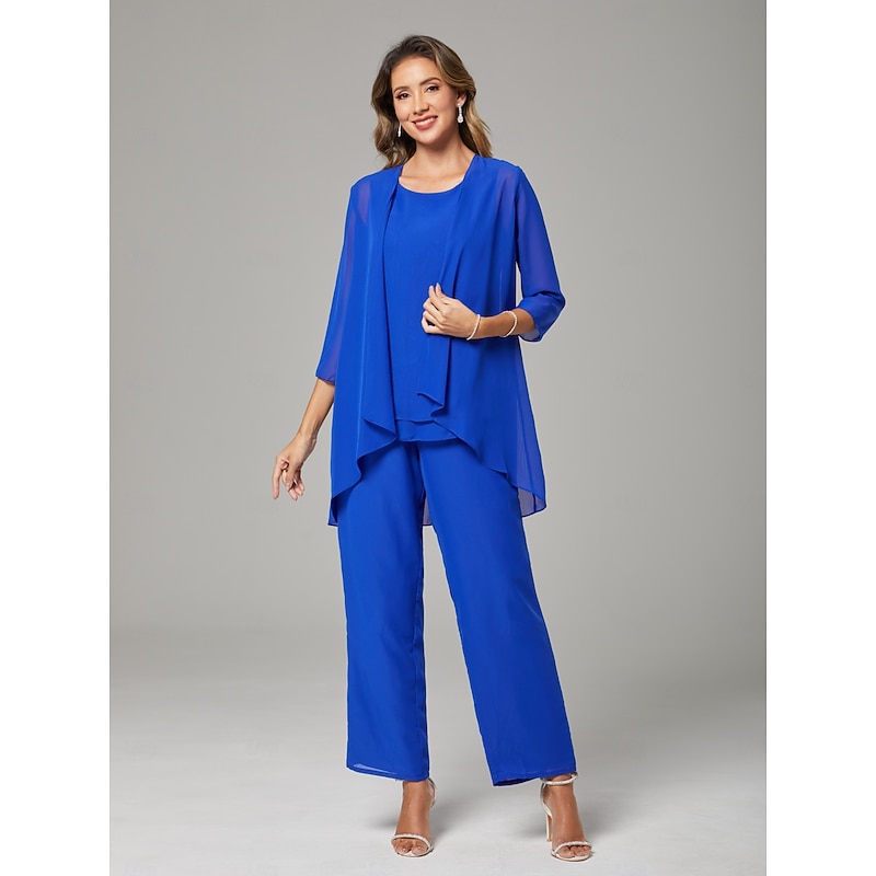 Pantsuit 3 Piece Mother of the Bride  Elegant Plus Size Jewel Neck Ankle Length Chiffon Sleeveless with Ruffles3