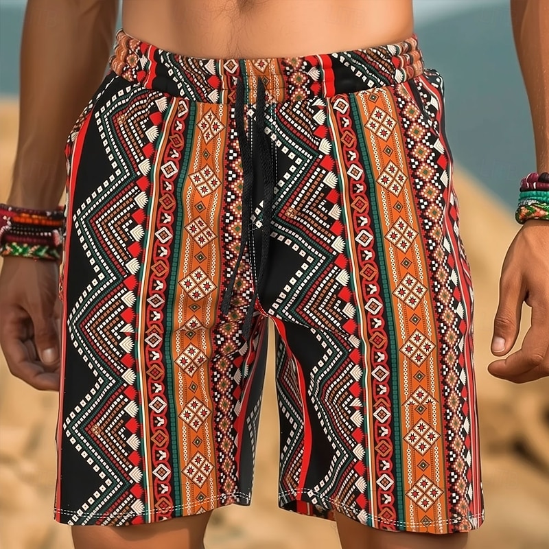 Men's Geometric Pattern Ethnic Swim Trunks Swim Shorts Board Shorts Mid Waist Streetwear Hawaiian Casual Daily Holiday Pocket Drawstring Elastic Waist Designer Clothing Apparel