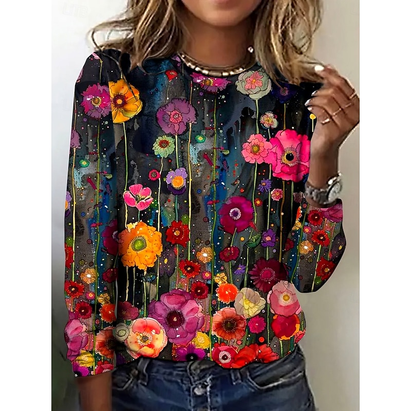 Women's T shirt Long Sleeve Crew Neck Long Sleeve Tunic Floral Elegant Vintage Regular Tops Daily Going out Weekend Print Red Prefall