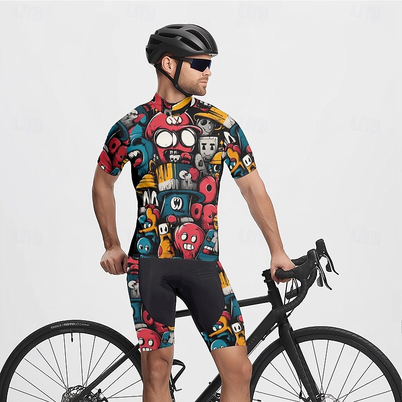 Men's Cycling Jersey with Shorts Cartoon Short Sleeve Bike Clothing Suit with 3 Rear Pockets Mountain Bike MTB Road Bike Cycling Front Zipper Sweat wicking Comfortable Breathable Sports Black Yellow4