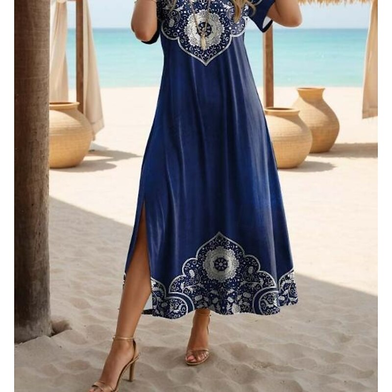 Women's Maxi Dress Summer Dress Boho Dress Bohemia Vintage Ethnic Butterfly Sleeve Vacation Daily Beach Regular Fit Floral Graphic Short Sleeve Crew Neck Light Green Blue Spring Fall3