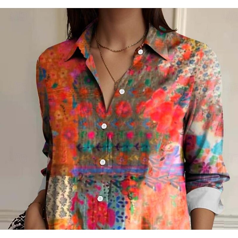 Women's Shirt Button Down Tunic Shirt Collar Long Sleeve Floral Casual Regular Tops Work Daily s Print Pink Red Blue Orange Rainbow Spring Fall2