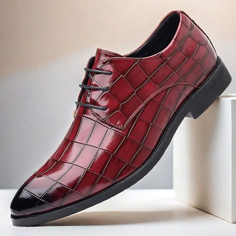 Men's Burgundy Crocodile Pattern Faux Leather Lace-Up Shoes, Stylish Formal Footwear for Business, Weddings and Special Occasions