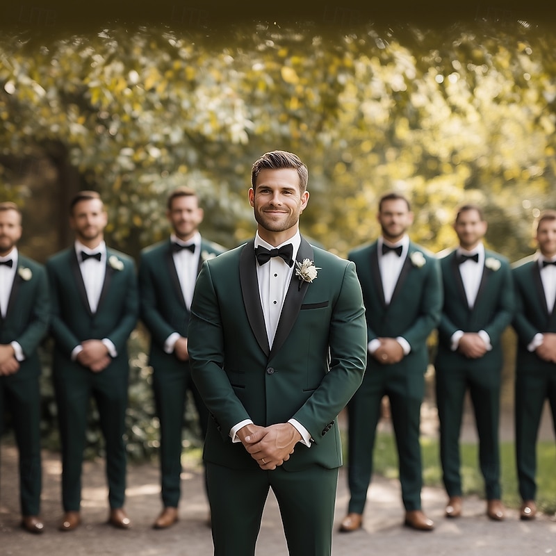 Men's Wedding Suits Dark Green Fashion Formal Solid Colored Standard Fit 2 Piece Single Breasted One-button3