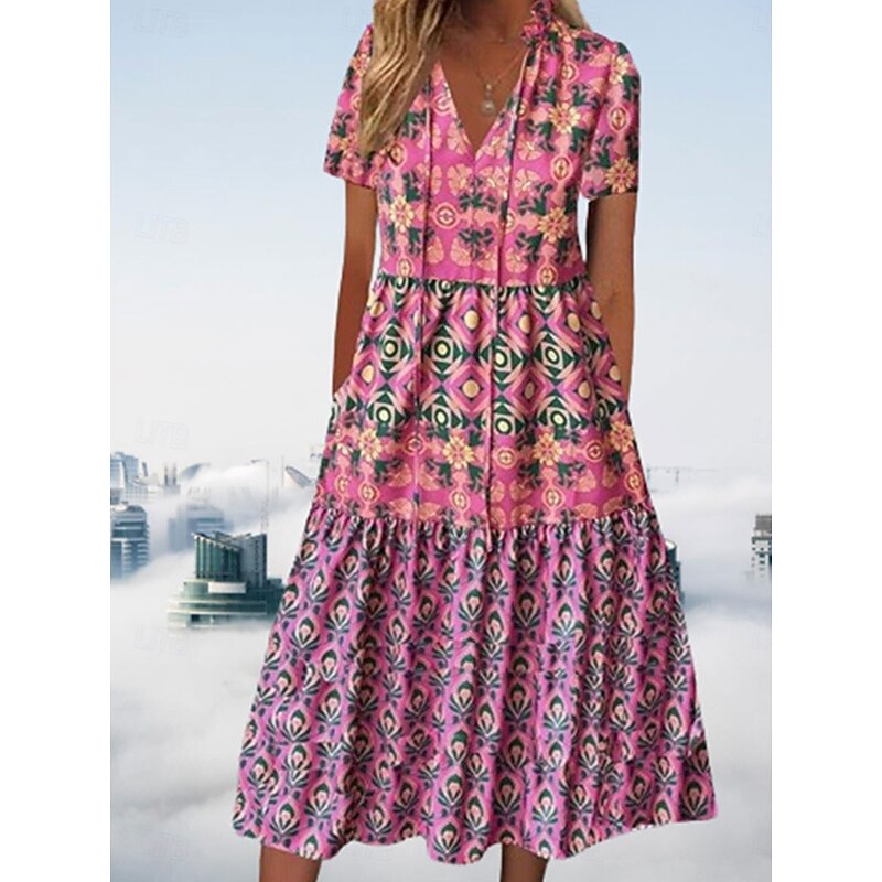 Women's Midi Dress Casual Dress Boho Dress Stylish Casual Vacation Casual Daily Loose Fit Floral Short Sleeve V Neck Pink Spring Fall3