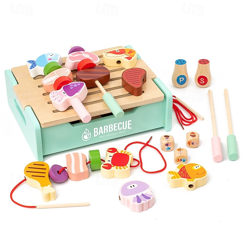 Wooden BBQ Set Colorful Playset with Food Pieces  Realistic Role-Play & Imaginative Fun for Ages 3 Years and Up