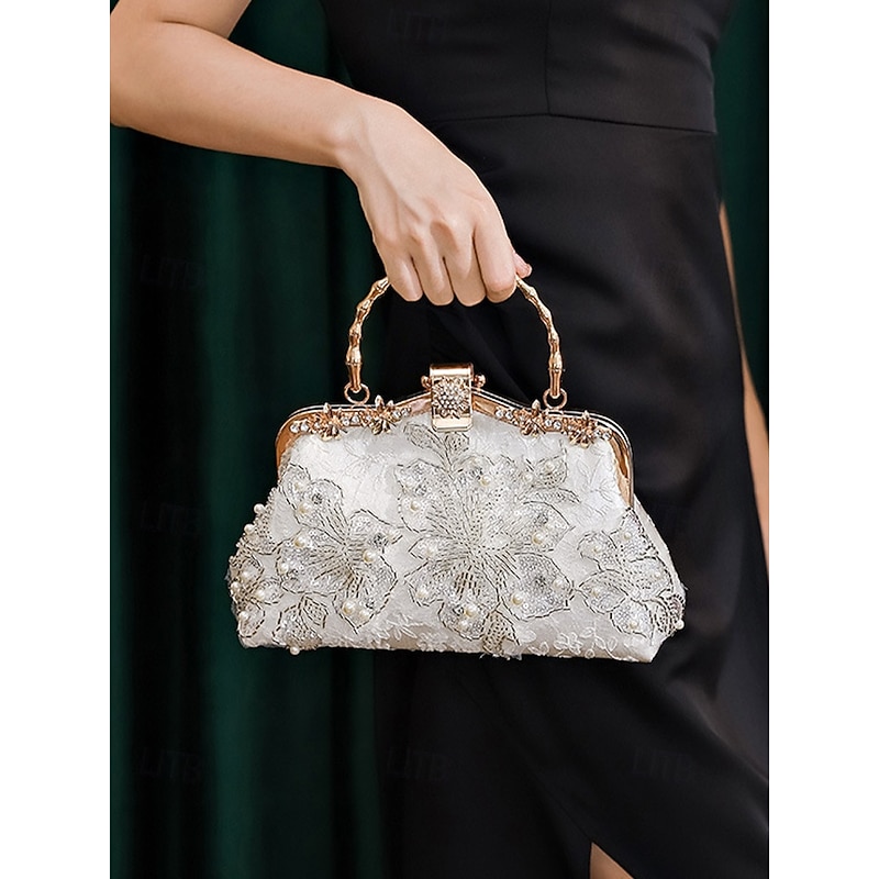 Elegant White Lace Evening Handbag with Pearl and Floral Embellishments – Stylish Bridal or Party Accessory for Women Black White