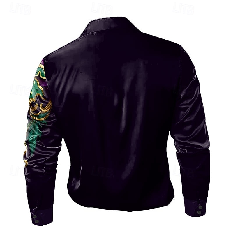 Mardi Gras Men's Mask Carnival Satin Shirt Dress Shirt Button Up Shirt Long Sleeve Fashion Casual Holiday Summer Spring Turndown Collared Shirts 3D Print Purple2