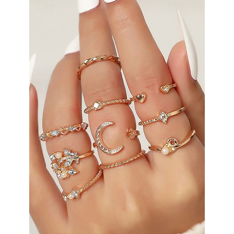 Gold-Plated Stacking Rings Set for Women – Rhinestone and Pearl-Embellished Adjustable Rings, Trendy Boho Style for Casual and Formal Occasions2