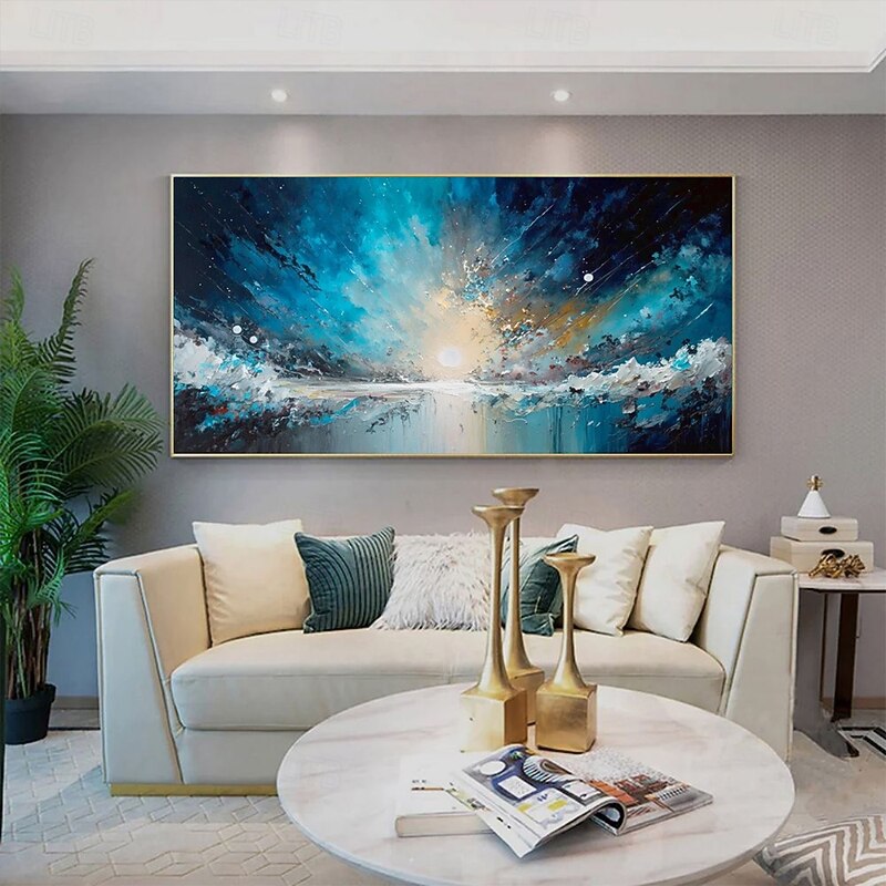 Handmade Oil Painting Canvas Wall Art Decoration Modern Abstract Sunrise Blue Ocean Landscape for Living Room Home Decor Rolled Frameless Unstretched Painting2
