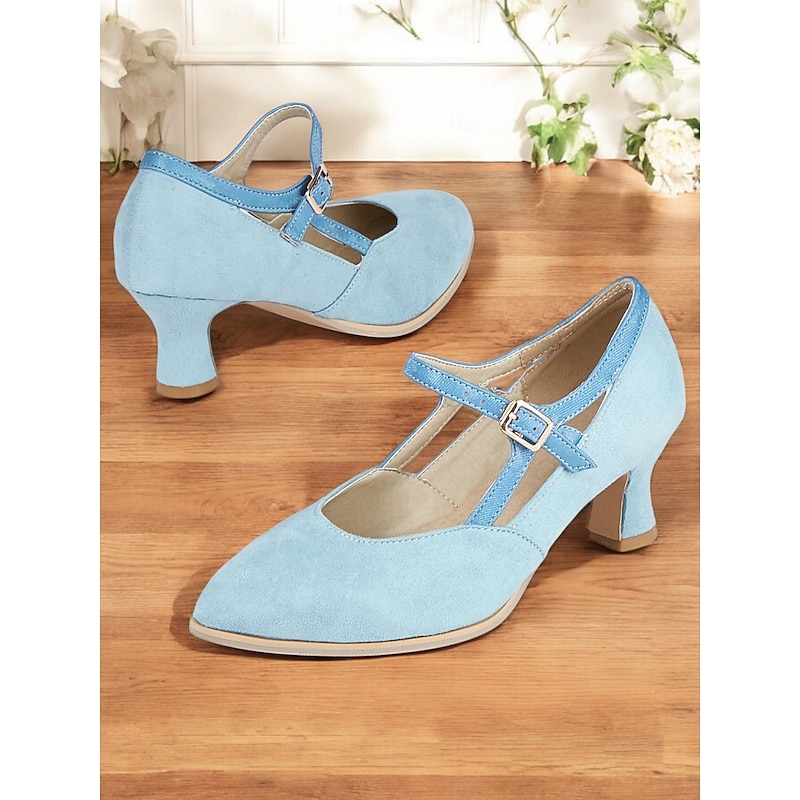 Women's Vintage Blue T-Strap Mary Jane Heels – Suede Mid Heel Pumps with Buckle Closure for Retro, Formal & Daily Wear3