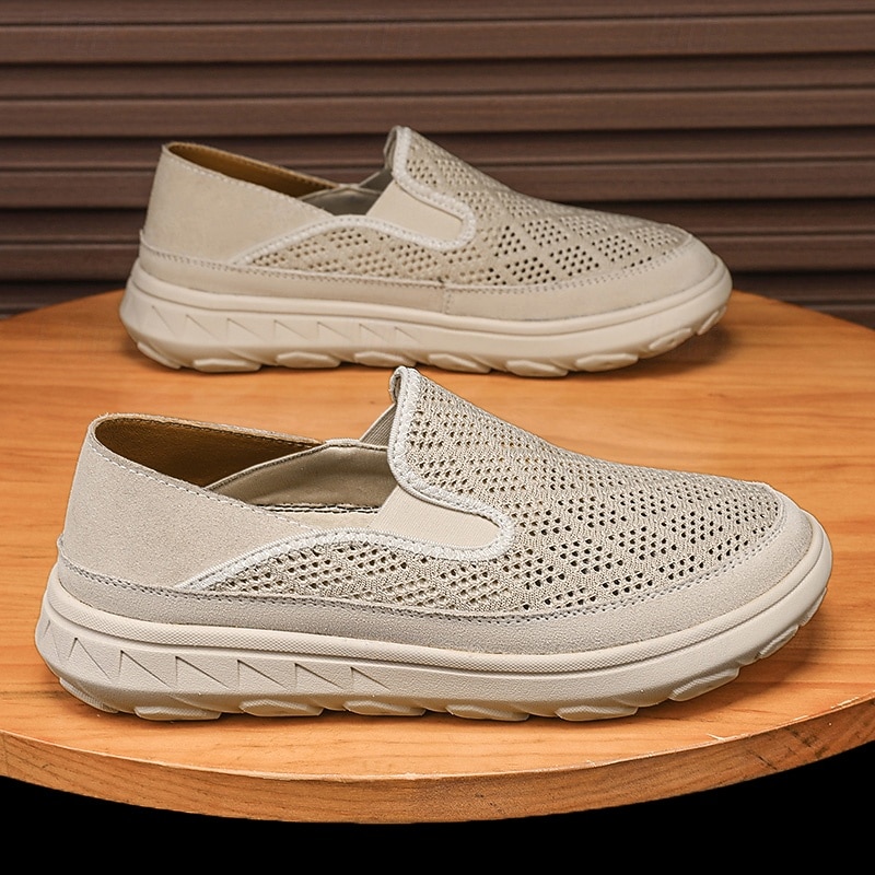 Men's Beige Slip-On Sneakers with Breathable Mesh Upper and Cushioned Sole for Comfortable Casual Wear3