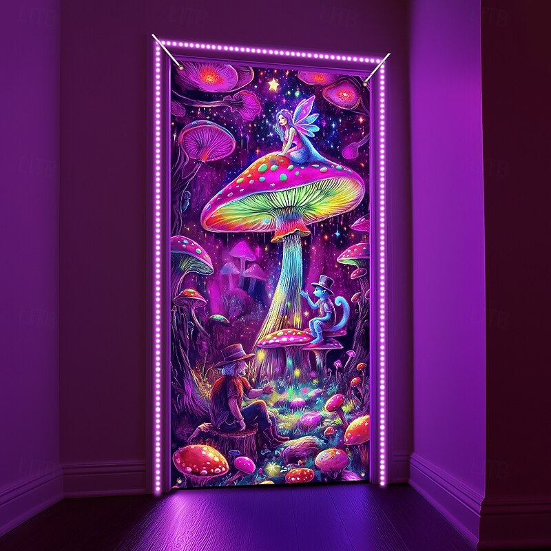 Blacklight Door Decorations Door Covers Glow in the Dark Mushroom Door Tapestry Door Curtain Decoration Backdrop Indoor/Outdoor Door Banner for Front Door Farmhouse4