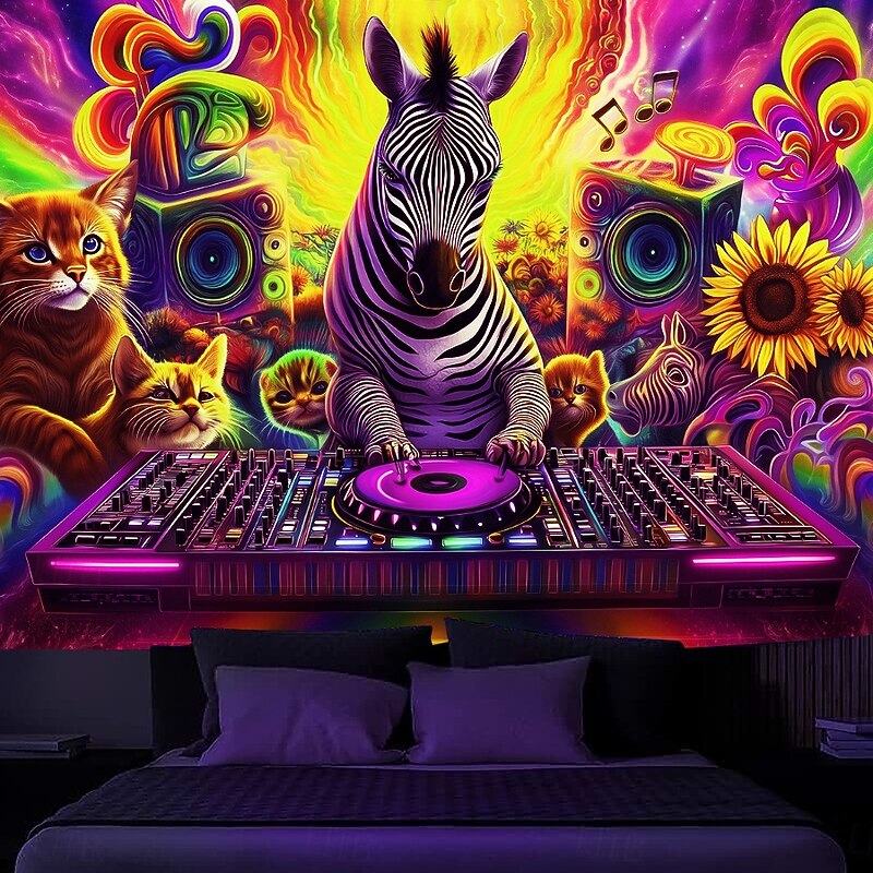 Blacklight Tapestry Glow in the Dark Glow Party UV Reactive Trippy Misty Animal DJ Hanging Tapestry Wall Art Mural for Living Room Bedroom4