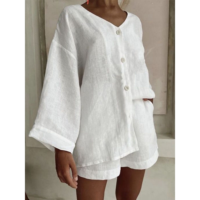 Women's Fashion Streetwear Daily Shirt Linen-Inspired Sets Two Piece Sets Baggy Shorts Long Sleeve V Neck Plain Casual Daily Black White Blue Summer Regular Fit