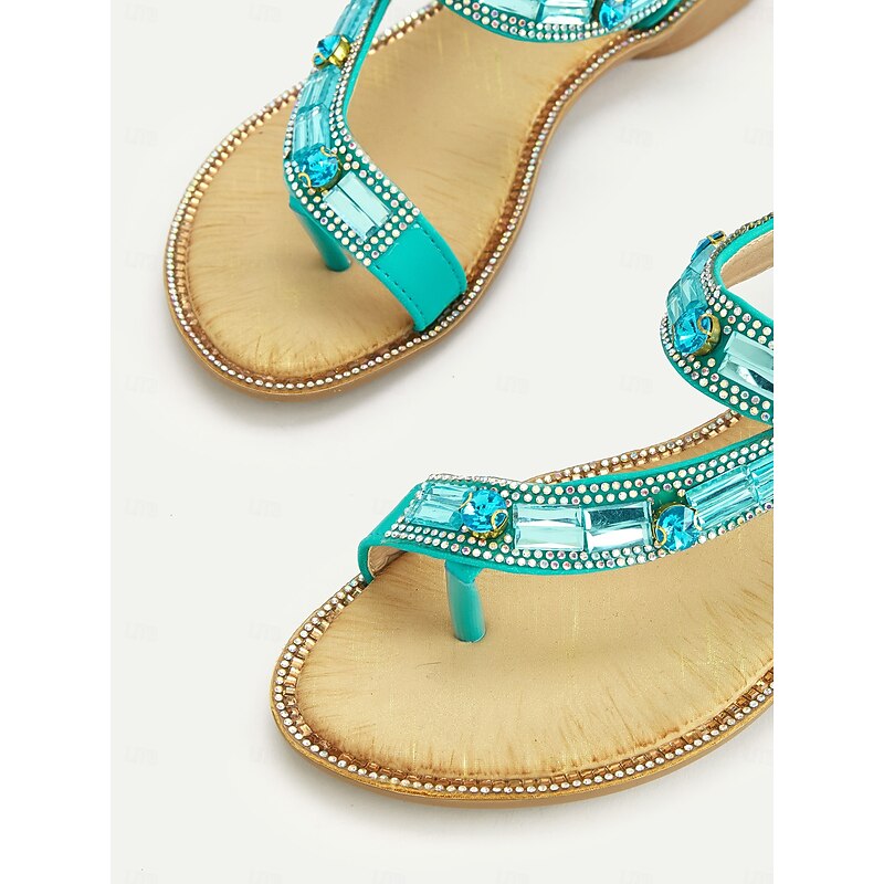 Women's Turquoise Rhinestone Embellished T-Strap Sandals – Bohemian Elastic Slingback Flat Sandals for Summer Beach & Casual Wear4
