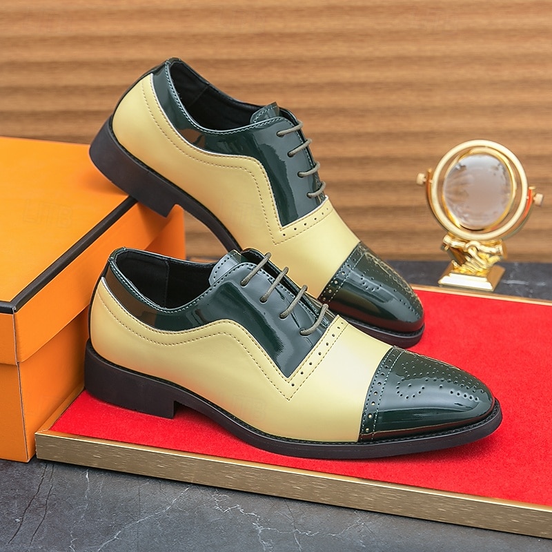 Men's Two-Tone Patent Leather Oxford Shoes, Green and Beige Brogue Dress Shoes for Weddings, Parties and Formal Events2