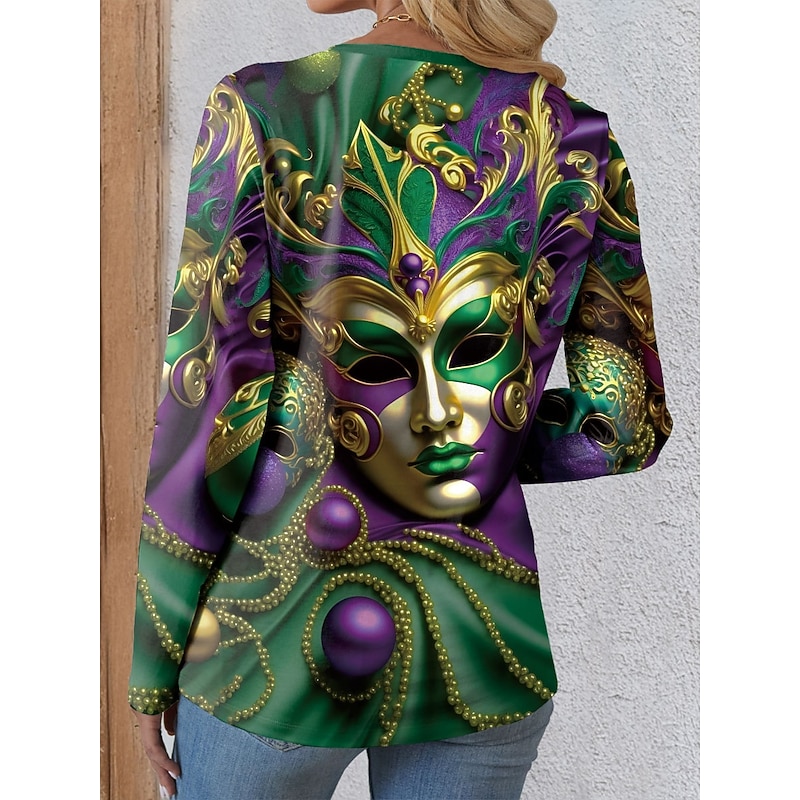 Mardi Gras Women's T shirt Crew Neck Long Sleeve Tunic Graphic Casual  Regular Tops Daily Print Green Spring Fall3