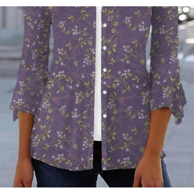 Women's Shirt Floral Basic 3/4 Length Sleeve Square Neck Regular Tops Daily Linen Like Print Purple Spring Fall3