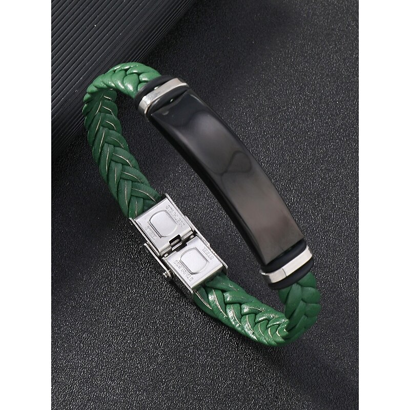 Men's Green Braided Leather Bracelet with Black Stainless Steel Clasp – Stylish and Durable, Ideal for Casual and Everyday Wear2