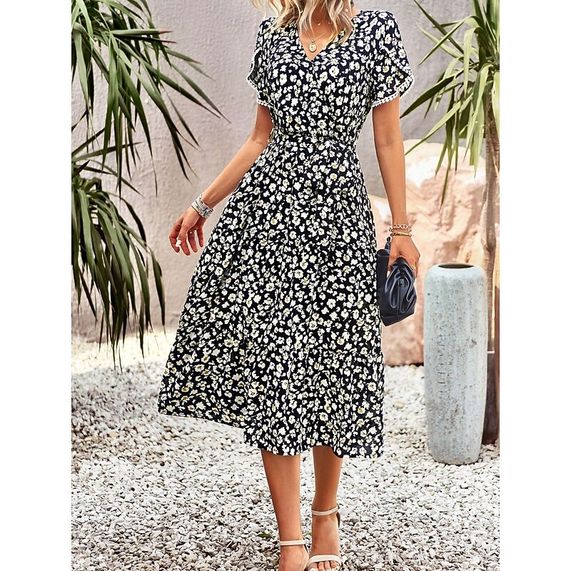 Women's Midi Dress Casual Dress Swing Dress A Line Dress Stylish Casual Vacation Daily Regular Fit Floral Short Sleeve V Neck Black White Purple Green Summer3