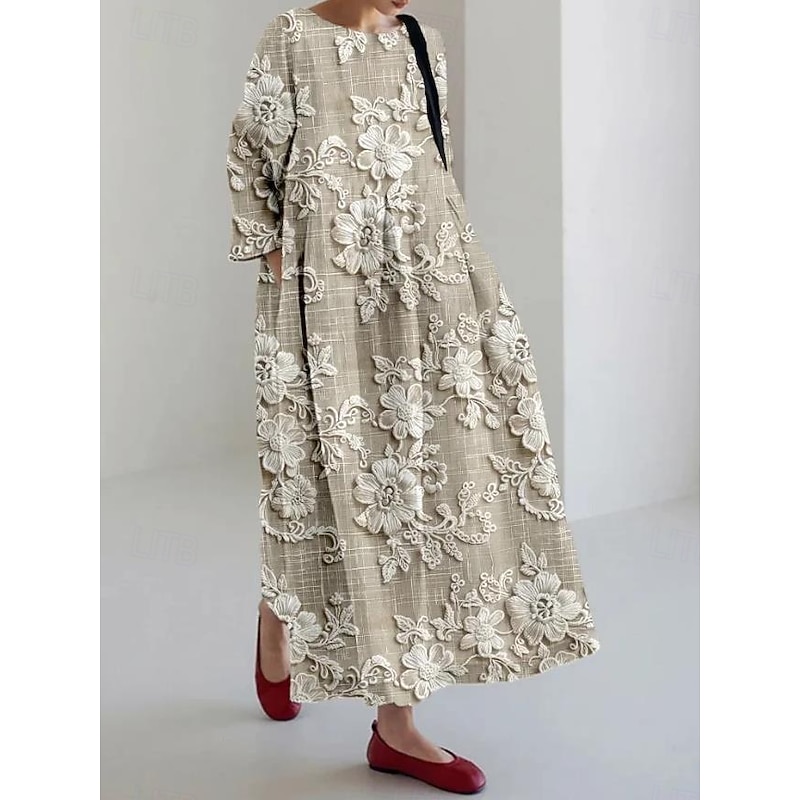 Women's Maxi Dress Casual Dress Casual Vacation Loose Fit Floral Graphic Linen Like 3/4 Length Sleeve Crew Neck Blue Light Purple Green Beige Spring Fall Winter