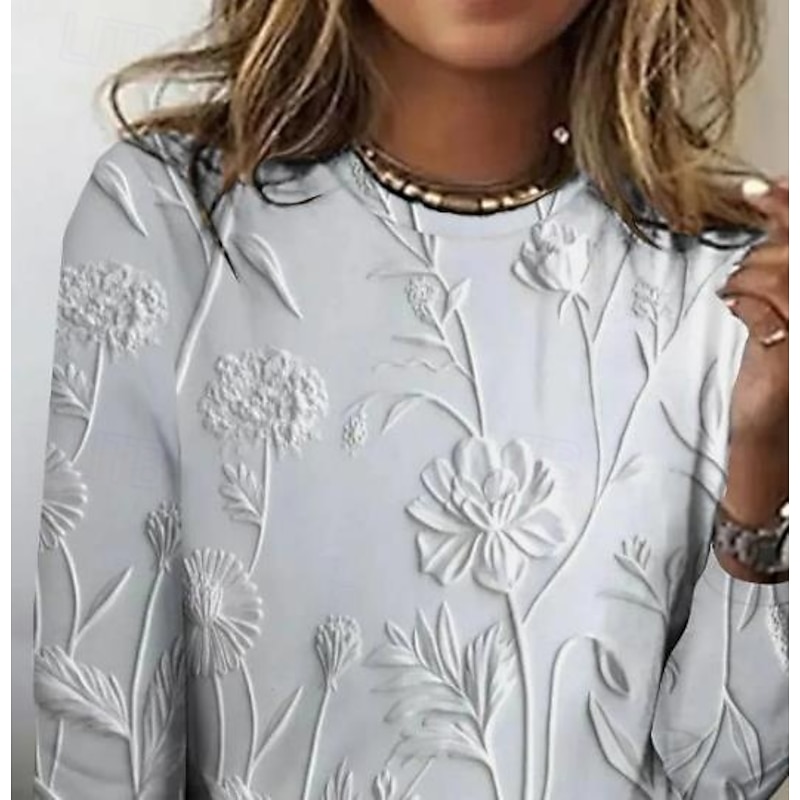 Women's 3D Print T shirt Long Sleeve Crew Neck Long Sleeve Tunic 3D Print Floral Casual Round Neck Regular Tops Weekend Print Pearl Pink Blue Purple Green Fall Winter Prefall4