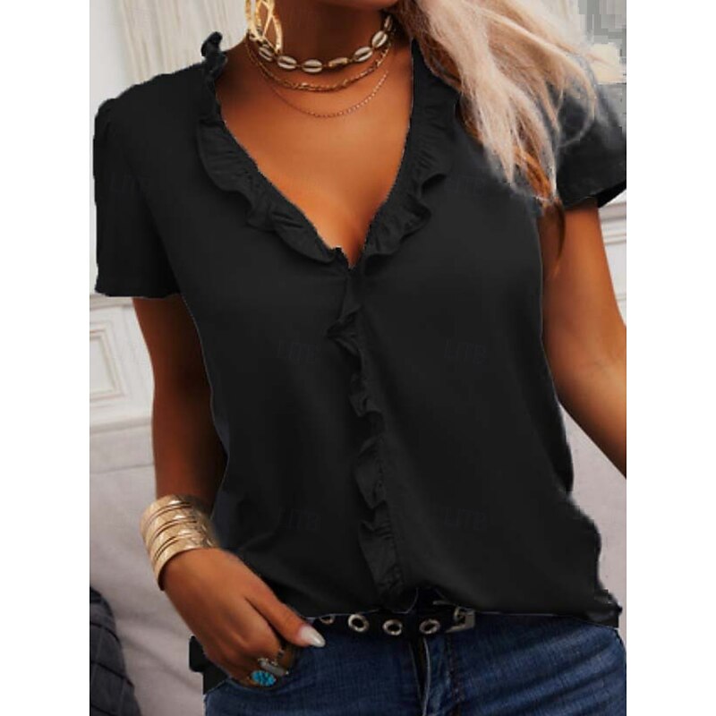 Women's Shirt Blouse Solid Color Casual Short Sleeve V Neck Regular Tops Daily Ruffle Black White Blue Green Gray Summer4