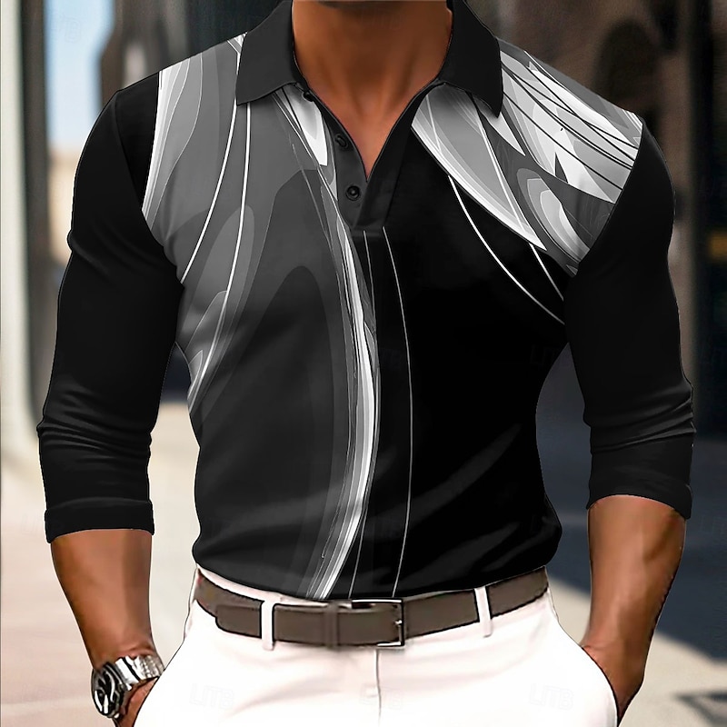 Men's Geometric Line Golf Shirt Long Sleeve Polo Shirts Collared Shirts Casual Business Casual Street Athleisure Outdoor clothing Holiday Buttons 3D Print Spring Fall Winter Black White2