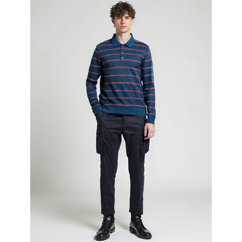 Men's Polo Knit Polo Sweater Formal Work Turndown Long Sleeve Modern Comfortable Striped Stripe Buttons Spring Spring &  Fall Regular Fit Navy Blue Blue Dark Green Brown Polo4
