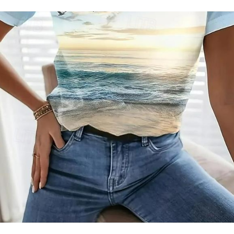 Women's T Shirt Rose Floral Graphic Elegant Vintage Fashion Short Sleeve Round Neck Regular Tops Daily Going out Weekend Print Light Blue Summer3