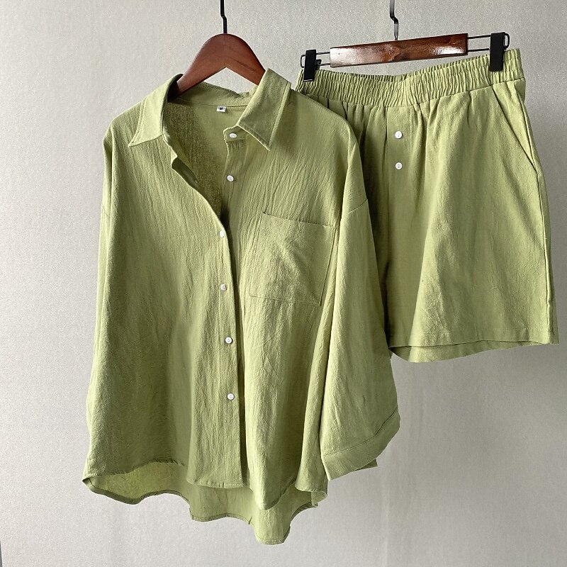 Women's Vacation Fashion Shirt Linen-Inspired Sets Two Piece Sets Beach Shorts Baggy Shorts Short Sleeve Shirt Collar Solid Color Drawstring Daily Wear Date Pink Green Gray Summer Regular Fit