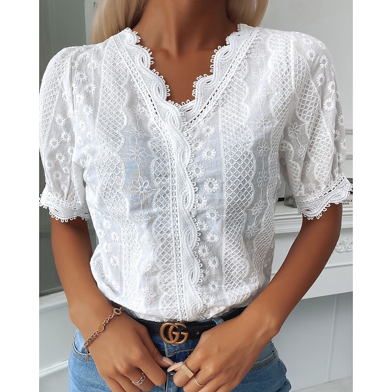Women's Shirt Boho Shirt Blouse Solid Color Stylish Casual Short Sleeve V Neck Regular Tops Daily Lace White Summer Spring