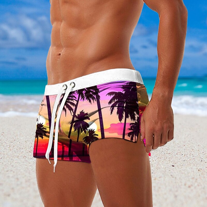 Men's Coconut Tree Nature & Landscapes Swim Shorts Board Shorts Swimming Trunks Mid Waist 3D Print Hawaiian Surfing Holiday Beach Drawstring with Mesh lining Elastic Waist Designer Clothing Apparel