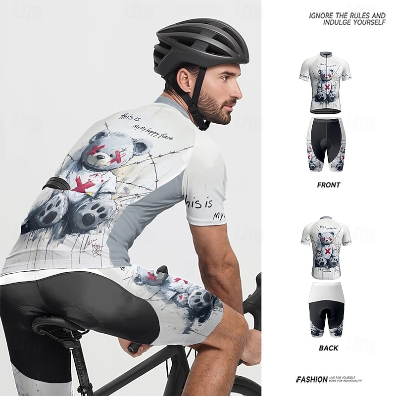 Men's Cycling Jersey with Shorts Cartoon Short Sleeve Bike Clothing Suit with 3 Rear Pockets Mountain Bike MTB Road Bike Cycling Front Zipper Sweat wicking Comfortable Breathable Sports White2