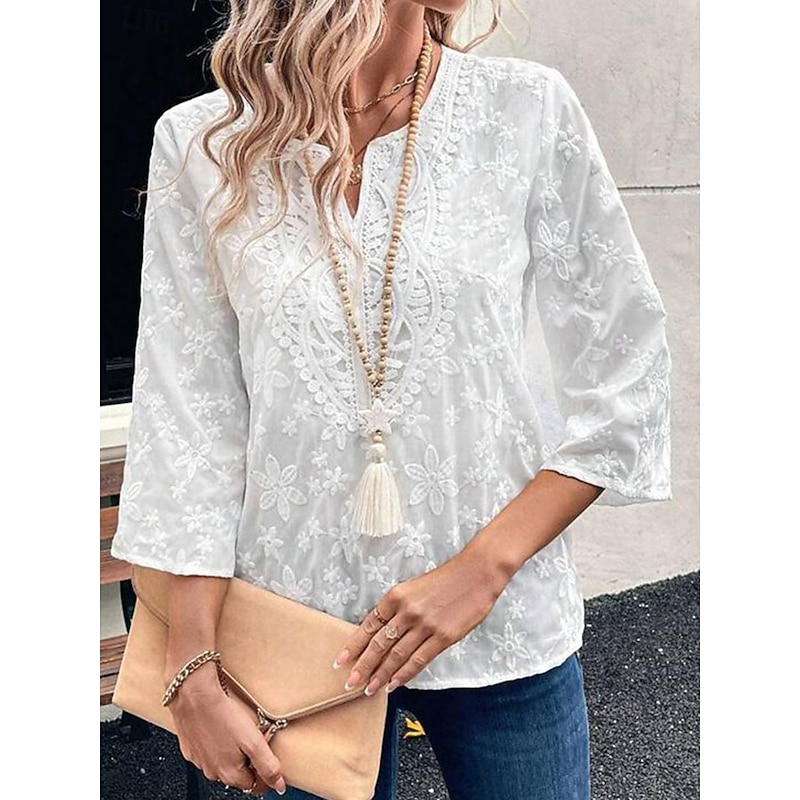 Women's Blouse Solid Color Elegant Daily Stylish 3/4 Length Sleeve V Neck Regular Tops Work Daily Holiday Embroidered White Summer Spring Fall4