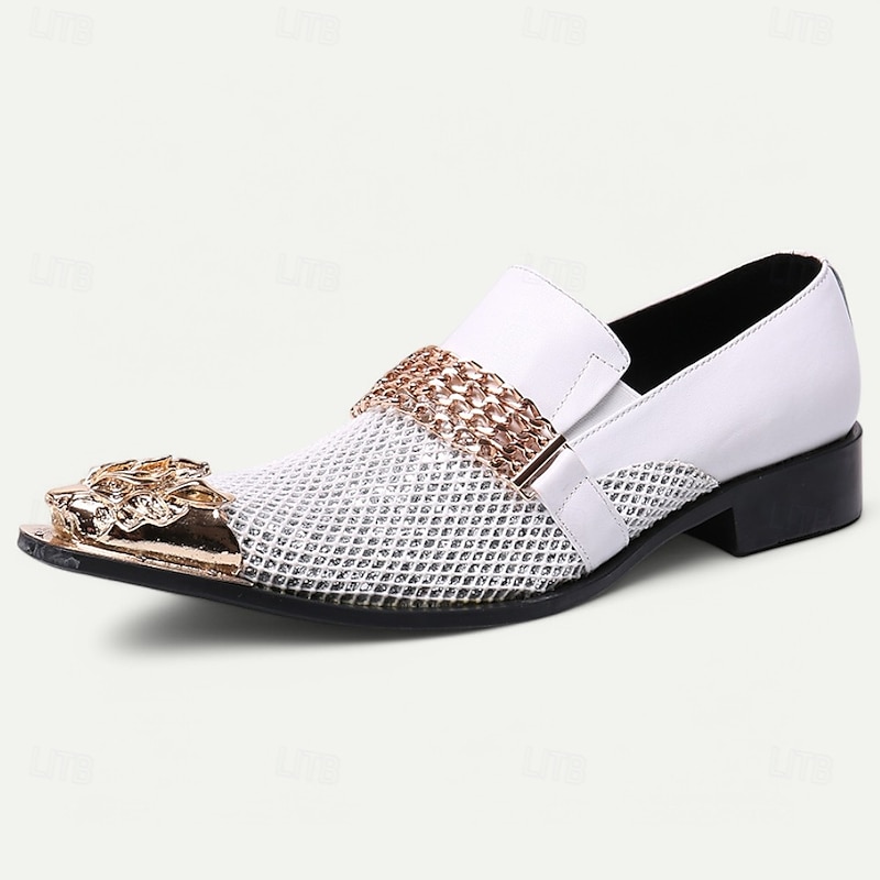 Men's White Premium Cowhide Slip-On Loafers with Metallic Rose Gold Chain and Decorative Toe, Stylish Casual Footwear for Formal and Semi-Formal Occasions3