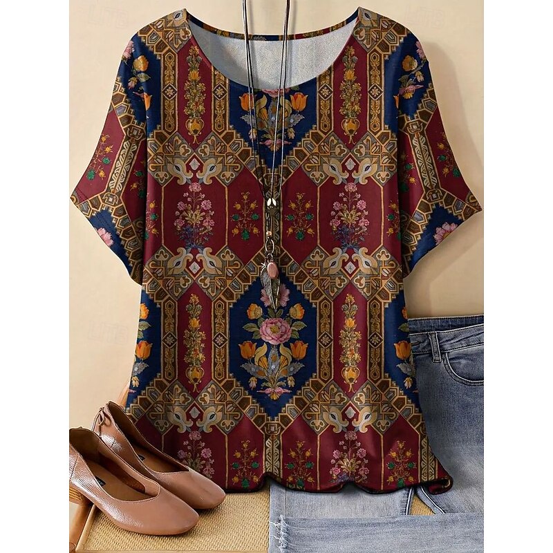 Women's Linen-Inspired Shirts T Shirt Summer Tops Graphic Geometric Vintage Fashion Casual Short Sleeve Round Neck Regular Tops Daily Weekend Patchwork Print Red Summer Spring