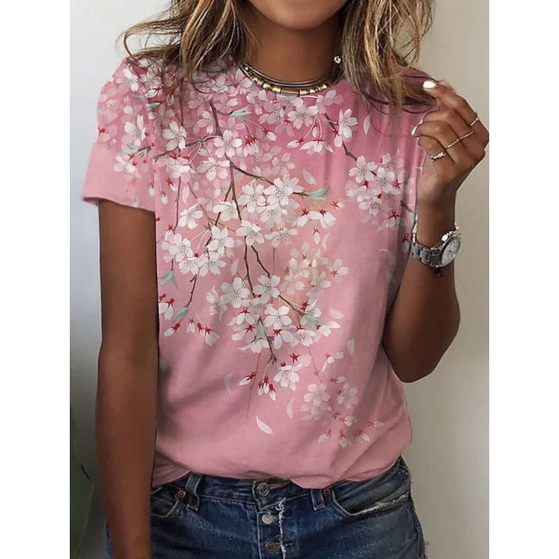 Women's T Shirt Floral Casual Short Sleeve Round Neck Regular Tops Daily Print Pink Blue Summer