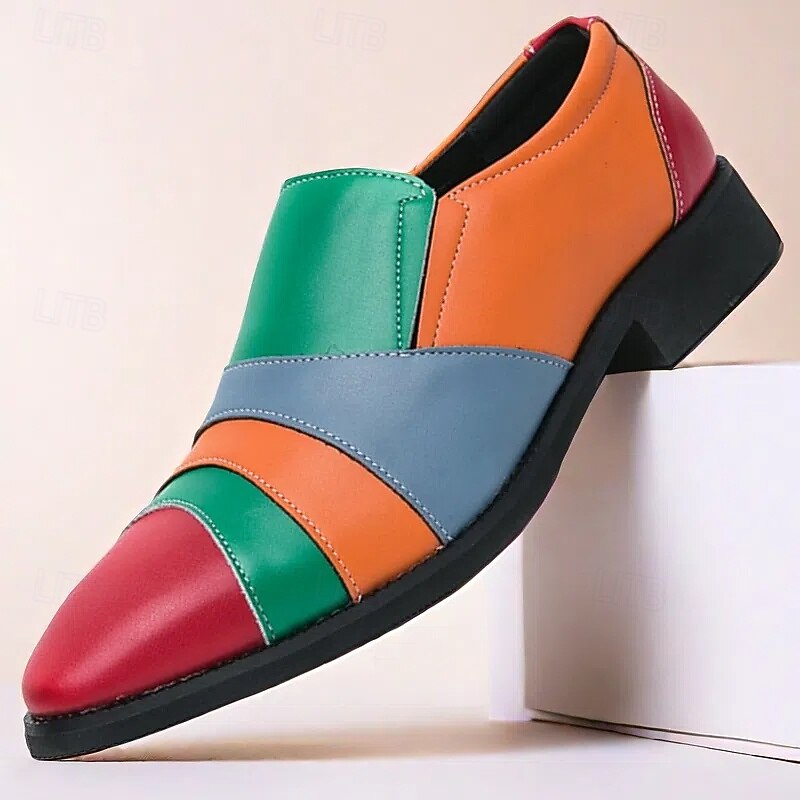 Men's Multicolor Patchwork Slip-On Dress Shoes – Bold Vintage-Inspired Loafers for Parties, Stage Performances & Fashion Events