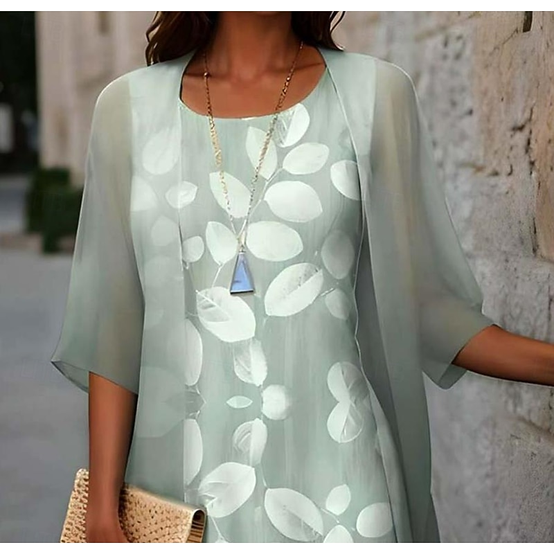 Women's Graduation Dress Midi Dress Chiffon Dress Shift Dress Elegant Vacation Birthday Formal Wedding Wedding Guest Loose Fit Floral Half Sleeve Crew Neck Green Summer Spring Fall2