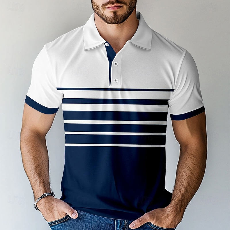 Men's Stripe Polo Short Sleeve Polo Shirts Collared Shirts Casual School Outdoor Daily Wear Home Wear 3D Print Summer Blue