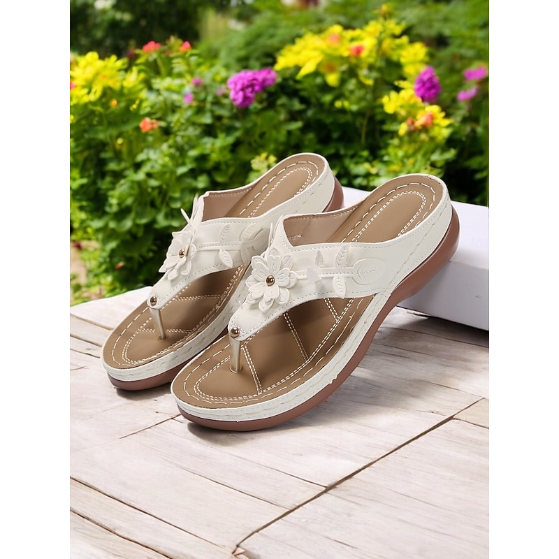 Women's Yellow Floral Embossed Wedge Flip Flop Sandals – Comfortable Slip-On Thong Sandals for Casual Summer & Beach Wea4