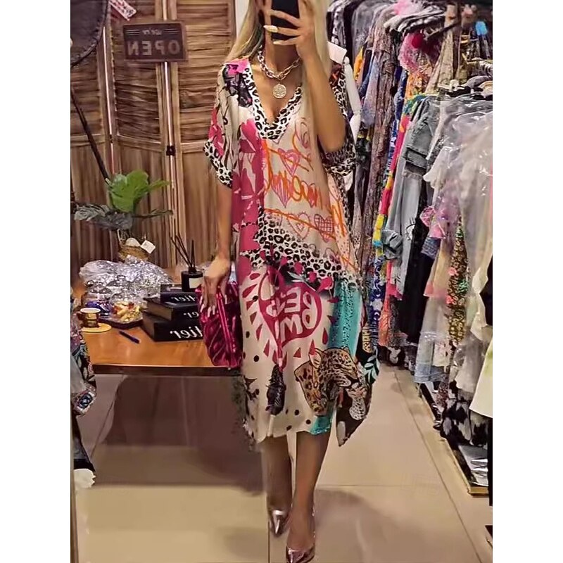 Women's Midi Dress Casual Dress A Line Dress Stylish Casual Vacation Daily Loose Fit Heart Floral Leopard Short Sleeve V Neck Pink Blue Green Summer4