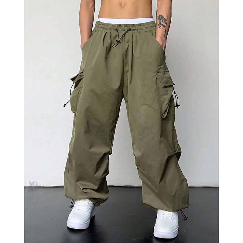 Men's Cargo Pants Trousers Drawstring Elastic Waist Multi Pocket Plain Wearable Outdoor Daily Camping & Hiking Fashion Classic Black Light Green