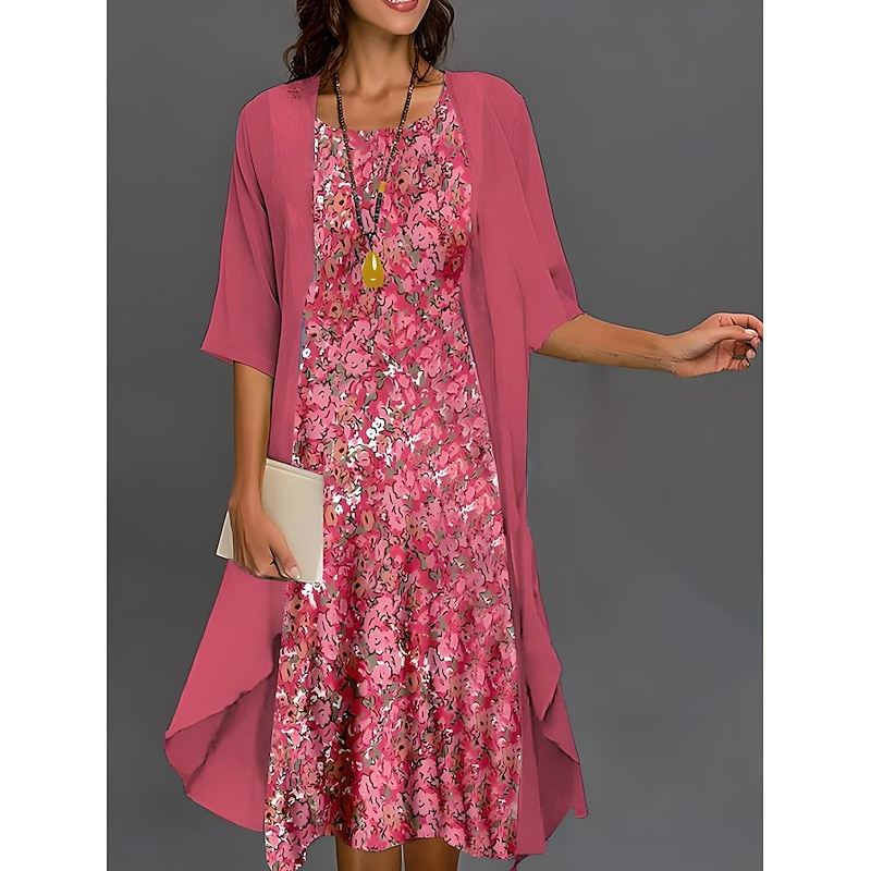Women's Graduation Dress Midi Dress Chiffon Dress Shift Dress Summer Dress Elegant Stylish Formal Formal Wedding Guest Daily Loose Fit Floral Graphic Half Sleeve Crew Neck Pink Summer Spring Fall - Main Image