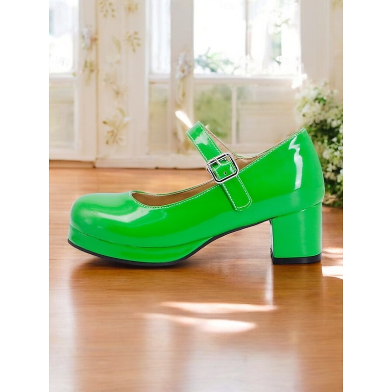 Women's Retro Patent Faux Leather Green Mary Jane Heels – Chunky Block Heel Platform Pumps for Cosplay, Parties & Vintage Fashion4