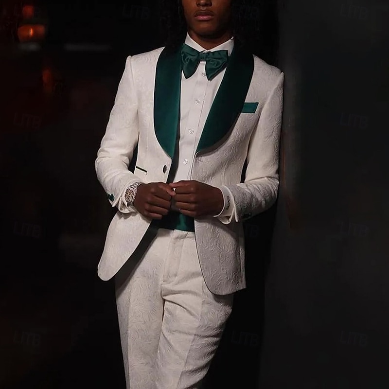 Men's Wedding Party Party Suits White Fashion Luxury Jacquard Floral Standard Fit 2 Piece Single Breasted One-button2