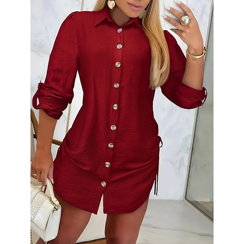 Women's Mini Dress Sexy Dress Elegant Daily Regular Fit Solid Color Long Sleeve V Neck Wine Fuchsia Green Dark Blue Fall3