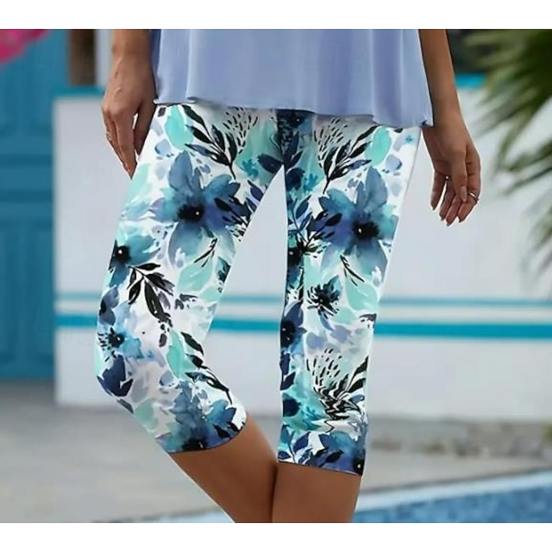 Women's Leggings Capri Pants High Elasticity Vacation Fashion Hawaiian Ankle-Length Mid Waist Floral Printing Thermal Warm Breathable Soft  Vacation Casual Daily Black and Blue Summer Spring2